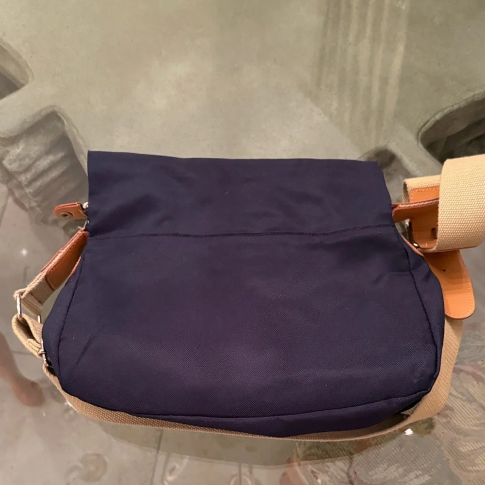 Navy Blue Messenger Bag with Tan Strap